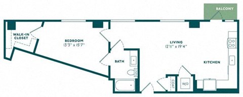 Floor plan for 1 bed, 1 bath, 854 sqft